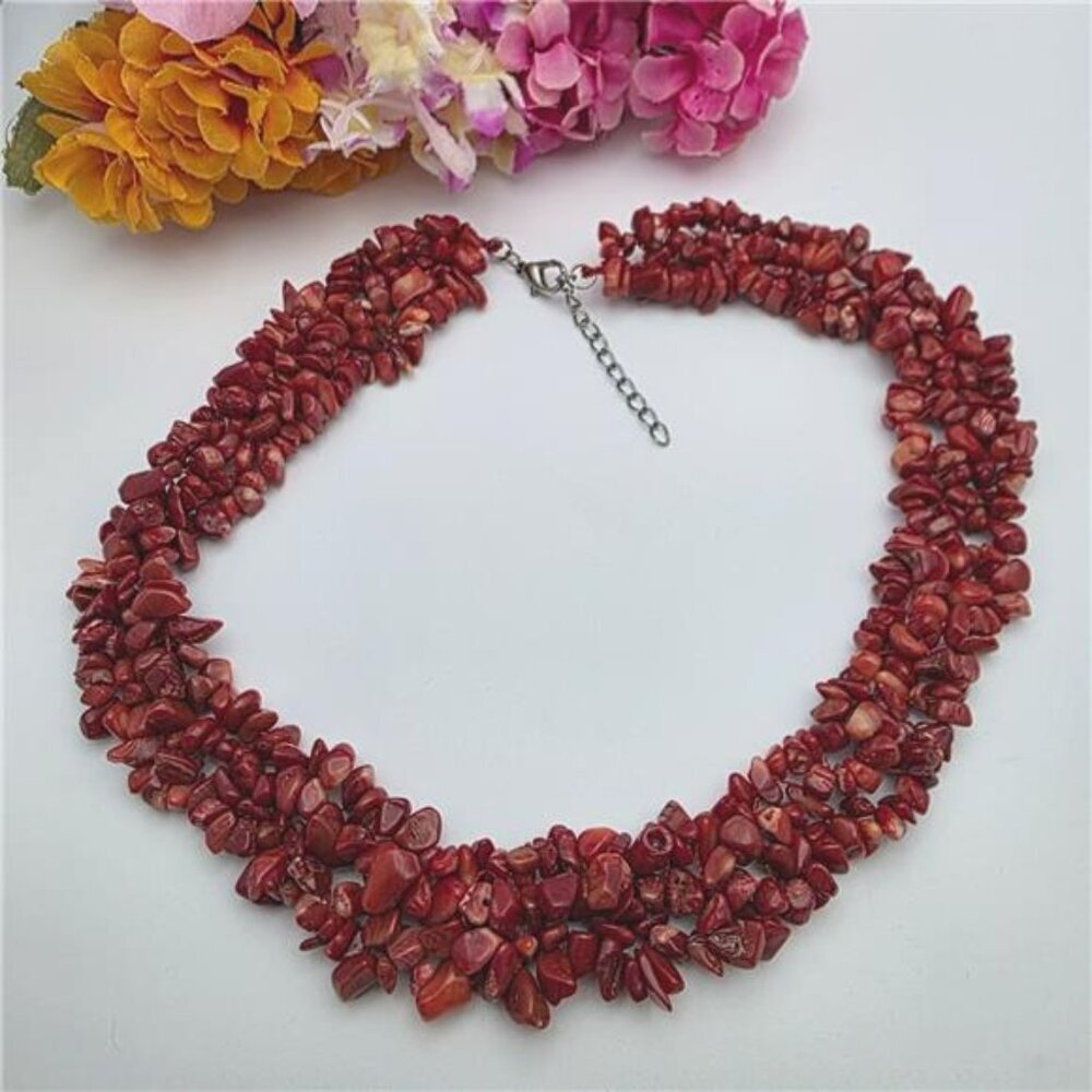Chunky Coral Beaded Necklace Four Row Silver Tone Lobster Clasp 20”